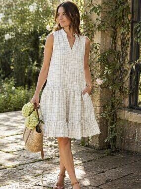 Hudson North Linen Sleeveless Ruffle Grid Print Tiered Summer Dress White Green